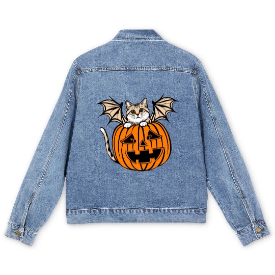 Cute Creepy Cat With Bat Wings Funny Halloween Men's Denim Jackets