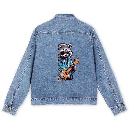 raccoon wearing glasses playing on guitar Men's Denim Jackets