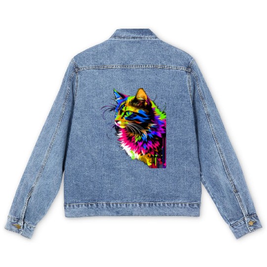 Rainbow Cat Realistic Watercolor Cute Cat Paint Men's Denim Jackets