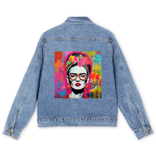 Frida Kahlo style urban art colorfull graffiti Men's Denim Jackets