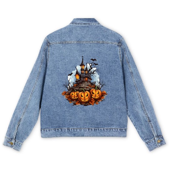 Halloween Pumpkin Bat Spell Haunted House Men's Denim Jackets