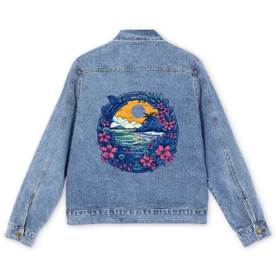 Flower Blossoms By Ocean Surfing Men's Denim Jackets