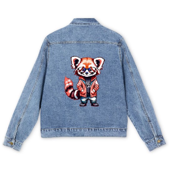 Red Panda Cub Watercolor Men's Denim Jackets
