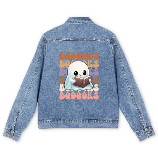 Cute Ghost Reading Books | Booooks | Funny Men's Denim Jackets