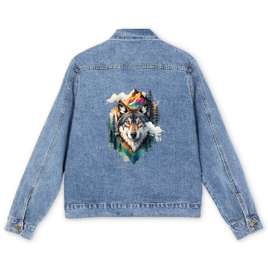 Majestic Mountain Wolf Nature Inspired Artwork Men's Denim Jackets