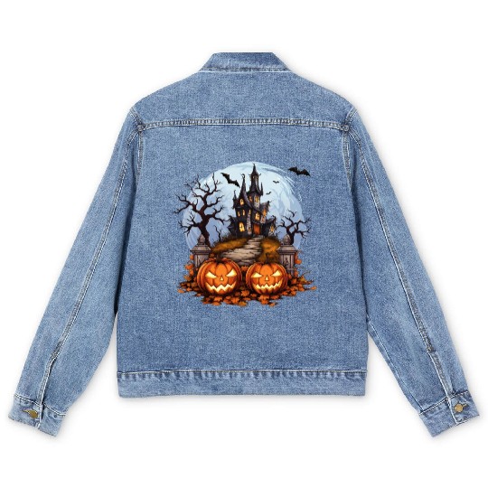 Spooky Haunted House Halloween Pumpkin Bat Men's Denim Jackets
