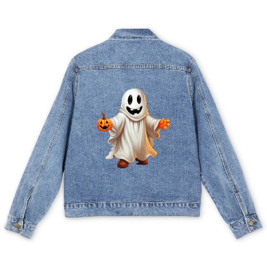 Funny Halloween Pumpkin With Cute Ghost Men's Denim Jackets