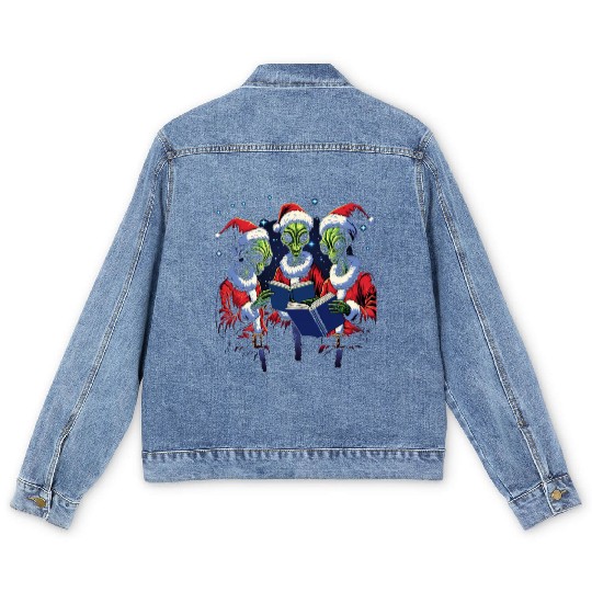 Alien Christmas Carolers Men's Denim Jackets