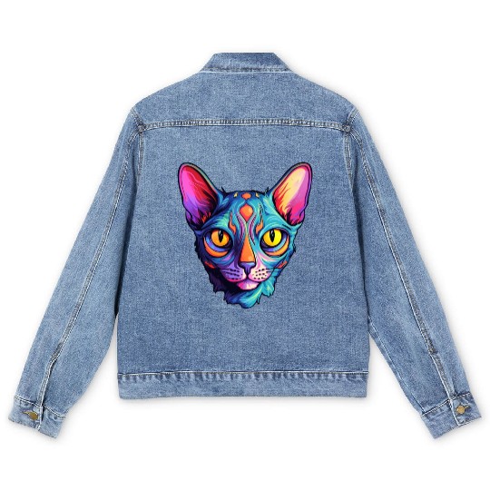 Sphynx Cat kitty Psychedelic Vibrant Colors Men's Denim Jackets