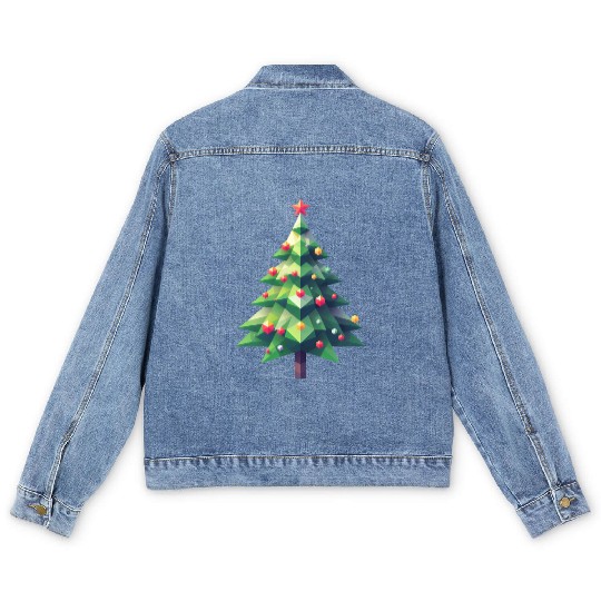 Polygonal Christmas Magic: The Faceted Pine Tree Men's Denim Jackets