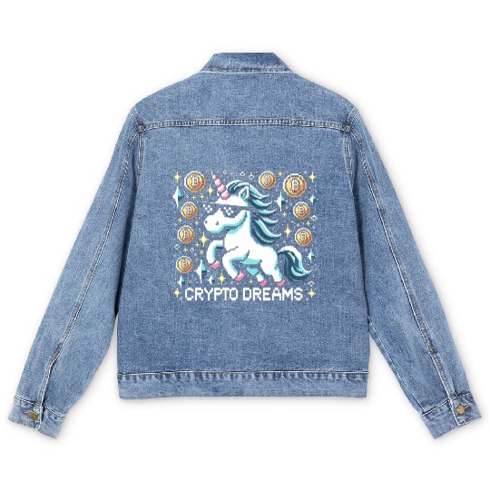 Crypto Dreams - 8-bit Unicorn Amidst Digital Coins Men's Denim Jackets
