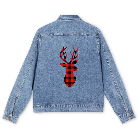 Buffalo Plaid Deer HeaD Men's Denim Jackets