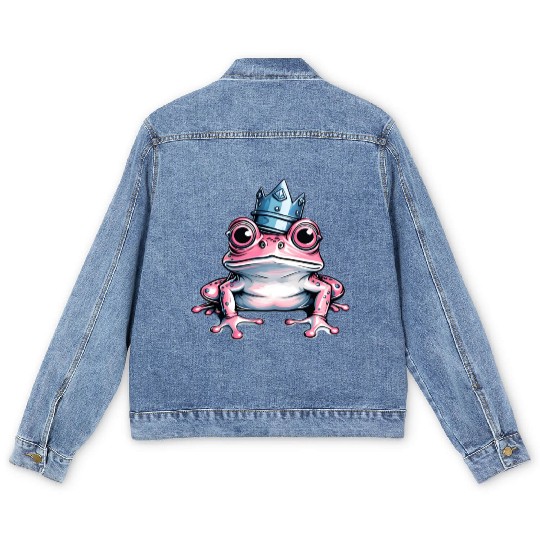 Cute pink frog with crown Men's Denim Jackets