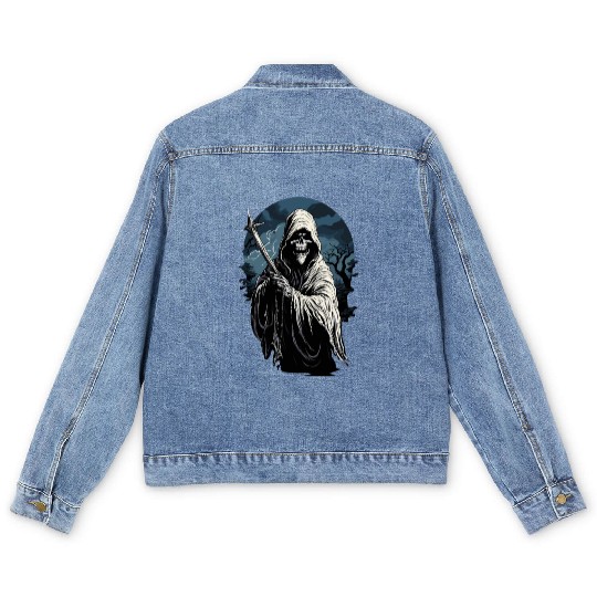 Spooky Halloween Grim Reaper Men's Denim Jackets