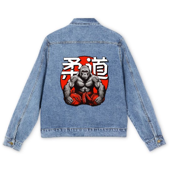 Judo Martial Arts Gorilla Japanese Text Red White Men's Denim Jackets