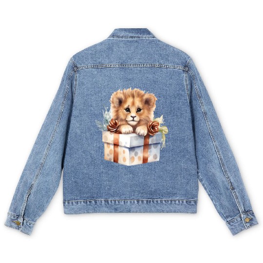 African Lion inside a Christmas gift box Men's Denim Jackets
