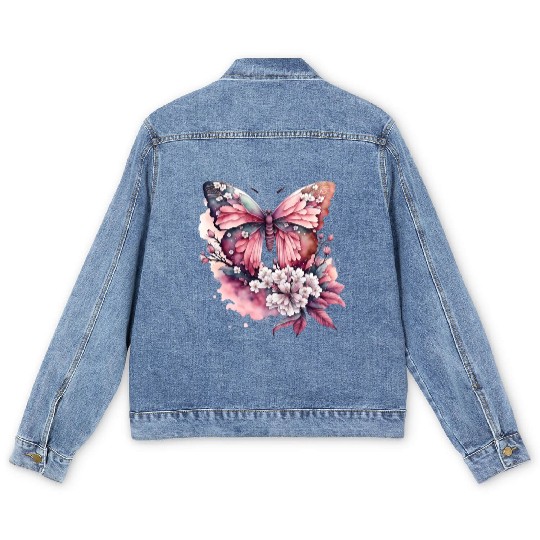 BUTTERFLY FLOWERS WATERCOLOR Men's Denim Jackets