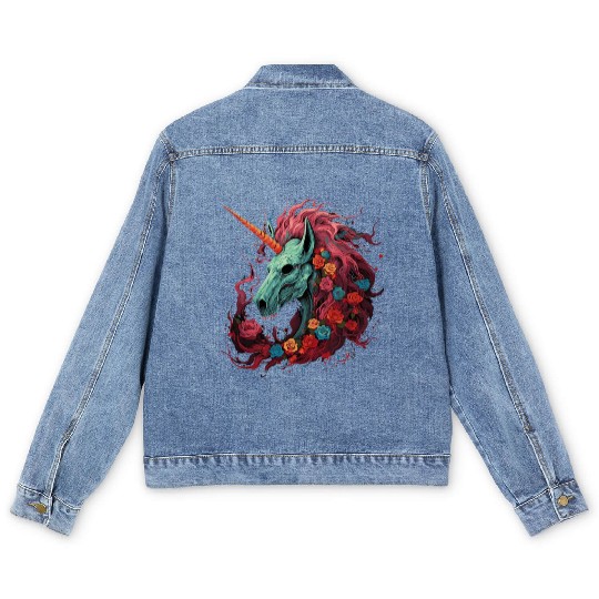 scary unicorn and flowers Men's Denim Jackets