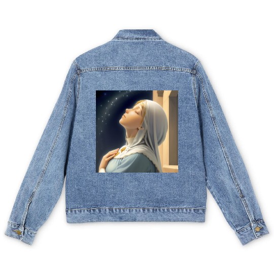 Virgin Mother Mary Praying on a Starry Night Men's Denim Jackets
