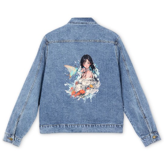 beautiful lady and butterfly Men's Denim Jackets
