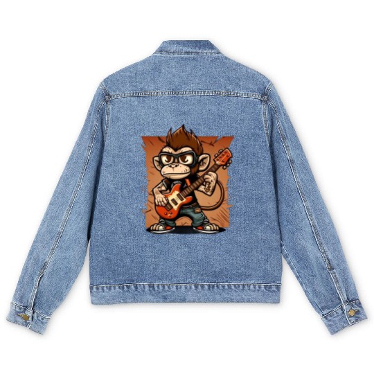 Monkey Chimpanzee Playing Acousitc Rock Guitar Men's Denim Jackets