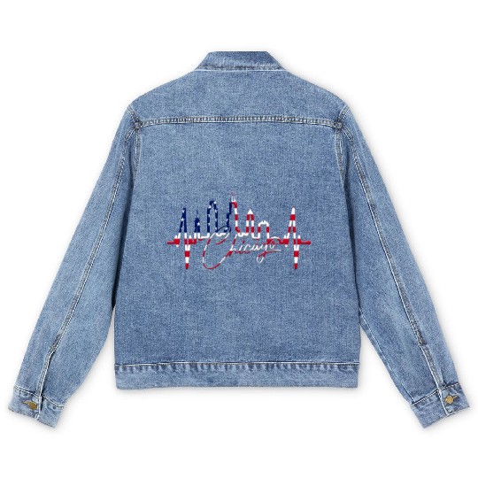 Chicago Skyline Heartbeat USA Heart I Love Chicago Men's Denim Jackets