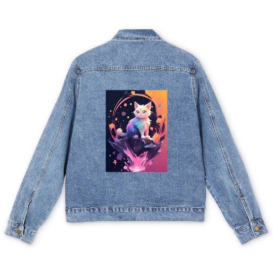 Cute Crystal Fantasy Cat Design Men's Denim Jackets