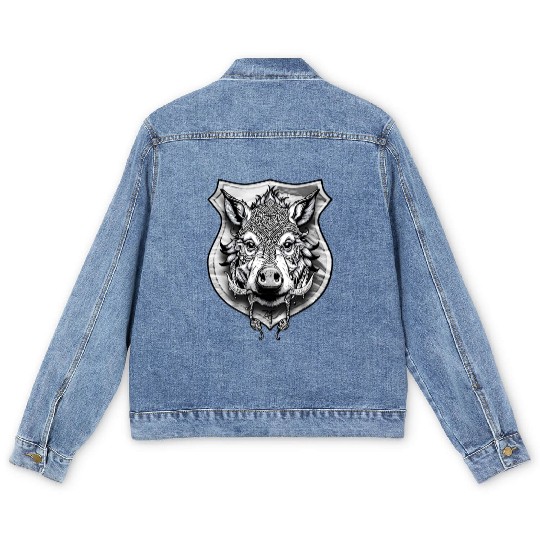shield with wild boar head - DIGITAL - grayscale Men's Denim Jackets