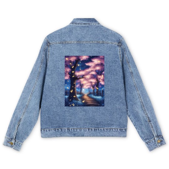 Fireflies In Cherry Blossom Trees Men's Denim Jackets