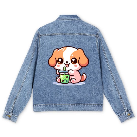 Playful dog with bubble tea Men's Denim Jackets