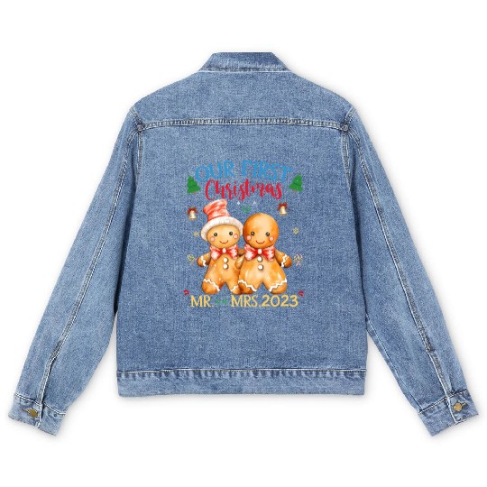 gingerbread couple first Christmas Mr. and Mrs. Men's Denim Jackets