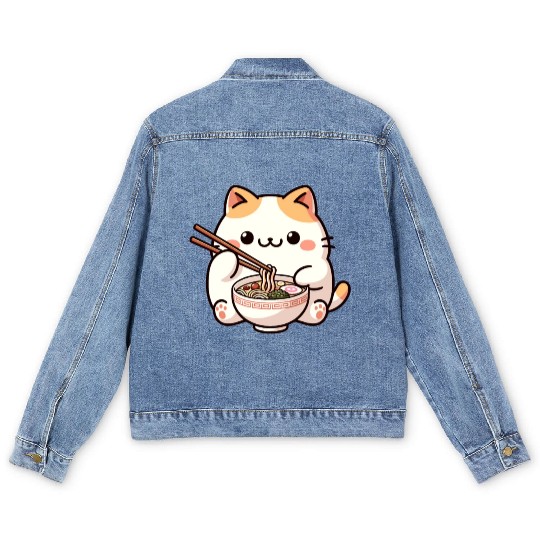 Neko Cat Eating Ramen Noodles Anime Men's Denim Jackets