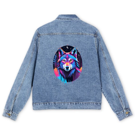 Eerie Blacklight Wolf Men's Denim Jackets - Neon Colors
