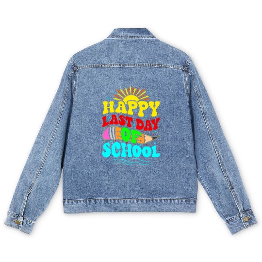 Happy Last Day Of School Teacher Students Groovy Men's Denim Jackets