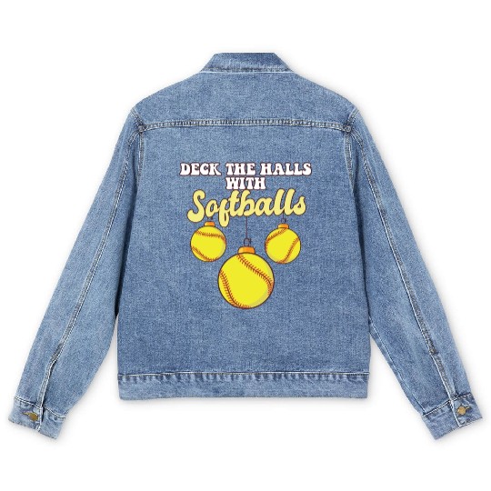 Softball Player Catcher Christmas Balls Deck The Men's Denim Jackets