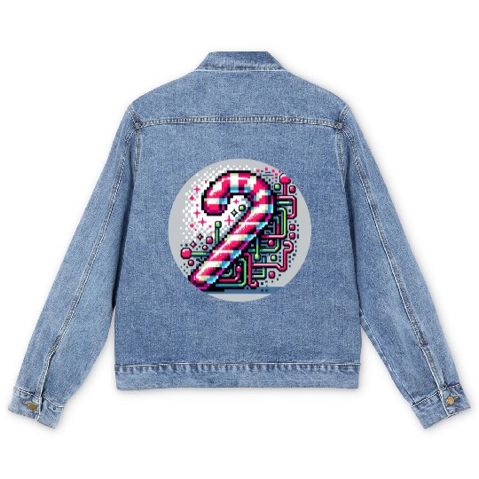 Neon Cyberpunk Candy Cane 8-Bit Pixel Christmas Men's Denim Jackets