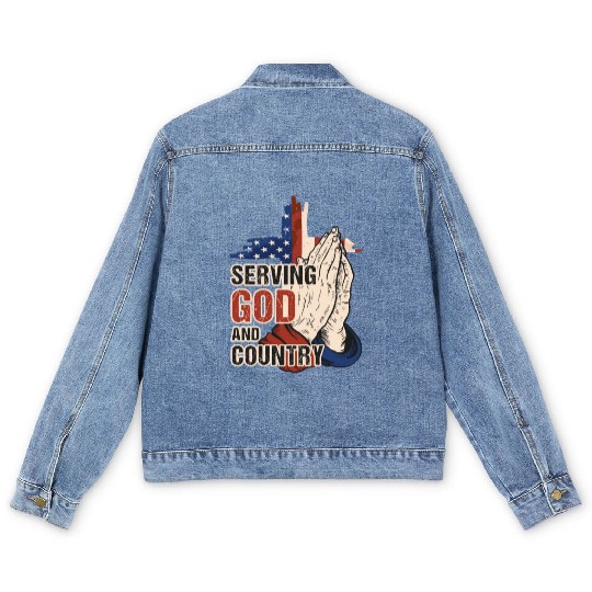 Serving God And Country US Flag Cross Patriotic Ch Men's Denim Jackets