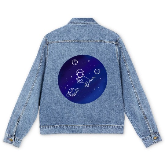 Doodle-Style Hand Drawn Space Cat Men's Denim Jackets