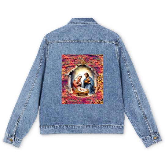 Nativity scene with Mary Joseph Baby Jesus Men's Denim Jackets