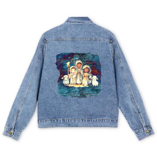 Christmas Nativity Scene Shepherds and Sheep Men's Denim Jackets