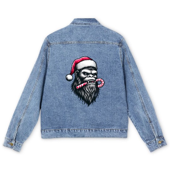 Festive Bigfoot with Candy Cane Men's Denim Jackets