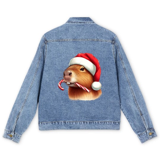 Festive capybara with candy cane Men's Denim Jackets
