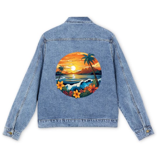 Retro Surfboard Design Flowers Palm Trees Ocean Men's Denim Jackets
