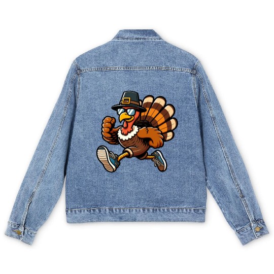 Running Turkey- Turkey Trot Running Thanksgiving Men's Denim Jackets
