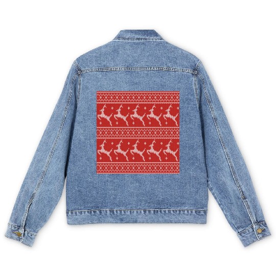 Red Ugly Sweater Christmas Flying Reindeer Men's Denim Jackets