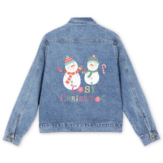 Fun Winter Snowman Colorful Cozy Christmas Men's Denim Jackets
