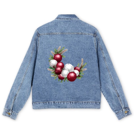 Cranberry and White Christmas Greenery Decor Men's Denim Jackets