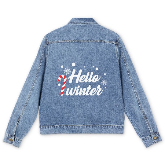 Hello Winter Christmas Candy Canes Men's Denim Jackets