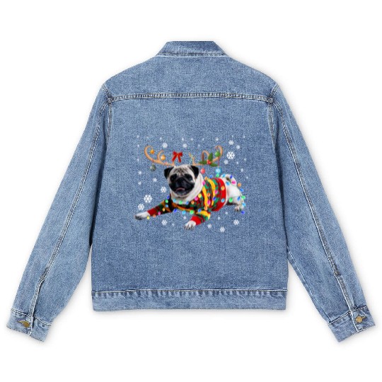 Funny Pug Dog Christmas Reindeer Christmas Lights Men's Denim Jackets