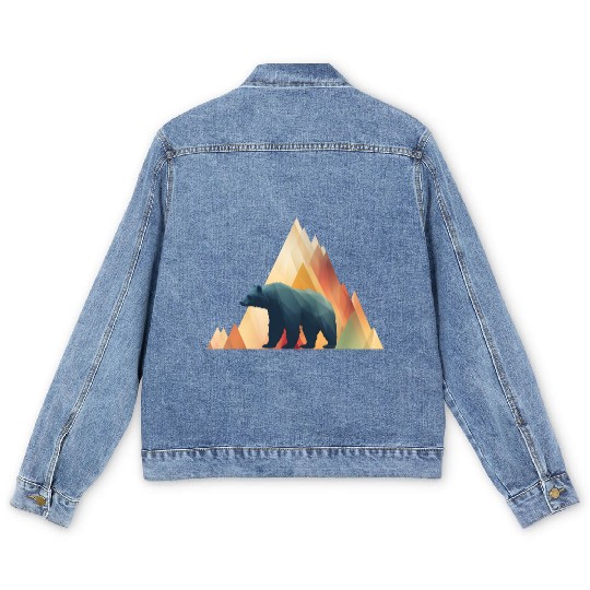 Geometric Bear with Triangle Mountains Design Men's Denim Jackets